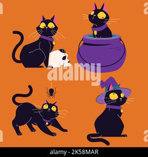 hand drawn flat halloween black cats collection vector design illustration Stock Vector