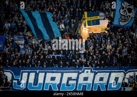 Gent, Belgium, 06/10/2022, Djurgardens' supporters pictured before a soccer match between Belgian KAA Gent and Swedish Djurgardens IF, Thursday 06 October 2022 in Gent, on day three of the UEFA Europa Conference League group stage. BELGA PHOTO JASPER JACOBS Stock Photo