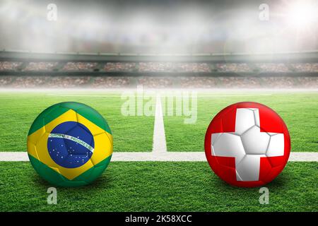 Brazil vs Switzerland football in brightly lit outdoor stadium with painted Brazilian and Swiss flags. Focus on foreground and soccer ball with shallo Stock Photo