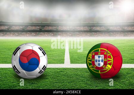 Korea Republic vs Portugal football in brightly lit outdoor stadium with painted Korean and Portuguese flags. Focus on foreground and soccer ball with Stock Photo