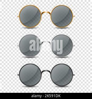 Vector 3d Realistic Round Frame Glasses Set with Black Transparent Glass isolated, Sunglasses for Women and Men, Accessory. Optics, Lens, Vintage Stock Vector
