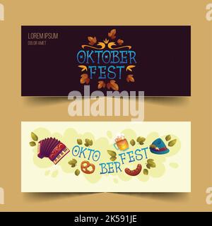 cartoon oktoberfest horizontal banners set vector design illustration Stock Vector