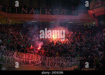 Athens, Lombardy, Greece. 6th Oct, 2022. Panathinaikos Athens BC fans in action during the Turkish Airlines Euroleague Basketball match between Panathinaikos BC and Real Madrid at OAKA ALTION Arena on October 6, 2022 in Athens, Greece. (Credit Image: © Stefanos Kyriazis/ZUMA Press Wire) Stock Photo