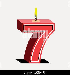 Number 7 birthday candle clipart, red 3D illustration vector. Stock Vector