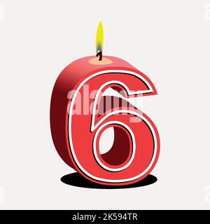 Number 6 birthday candle clipart, red 3D illustration vector. Stock Vector