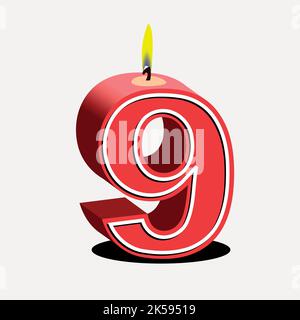 Number 9 birthday candle clipart, red 3D illustration vector. Stock Vector