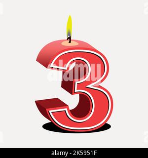 Number 3 birthday candle clipart, red 3D illustration vector. Stock Vector