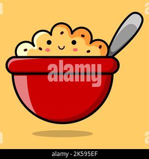 Image of a smiling kawaii porridge with raisins in a red bowl. Vector illustration. Stock Vector