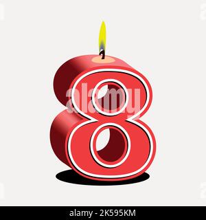 Number 8 birthday candle clipart, red 3D illustration vector. Stock Vector