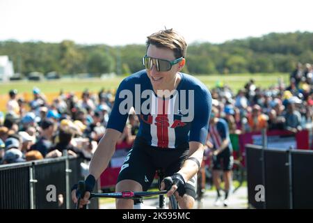 Neilson Powless of the US Cycling team before the elite men's road race,  2022 UCI Road Cycling World Championships, Wollongong, AUS Stock Photo