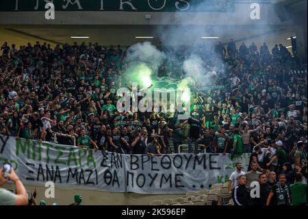 Athens, Lombardy, Greece. 6th Oct, 2022. Panathinaikos Athens BC fans in action during the Turkish Airlines Euroleague Basketball match between Panathinaikos BC and Real Madrid at OAKA ALTION Arena on October 6, 2022 in Athens, Greece. (Credit Image: © Stefanos Kyriazis/ZUMA Press Wire) Stock Photo