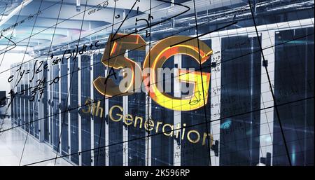 Image of 5g text, mathematical equations and data processing over computer servers Stock Photo