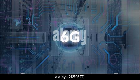 Image of integrated circuit and 6g over servers Stock Photo