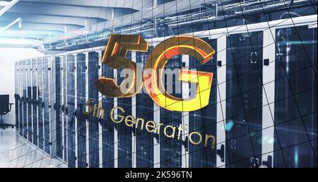 Image of 5g text, mathematical equations and data processing over computer servers Stock Photo