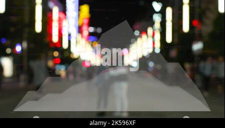 Image of statistical and financial data processing against city at night Stock Photo