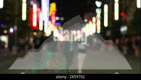 Image of statistical and financial data processing against city at night Stock Photo
