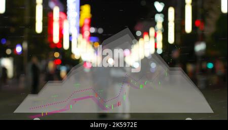 Image of statistical and financial data processing against city at night Stock Photo
