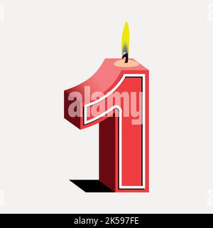 Number 1 birthday candle clipart, red 3D illustration vector. Stock Vector