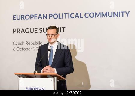 Prague, Czech Republic. 06th Oct, 2022. Poland's prime minister Mateusz Morawiecki speaks to the media at a press conference after the European Political Community summit in Prague. This is the first-ever meeting of a wider format of member states of the European Union and other European countries across the continent. Credit: SOPA Images Limited/Alamy Live News Stock Photo