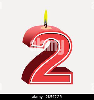 Number 2 birthday candle clipart, red 3D illustration vector. Stock Vector