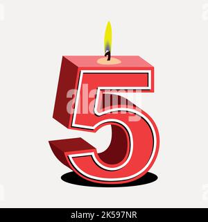 Number 5 birthday candle clipart, red 3D illustration vector. Stock Vector