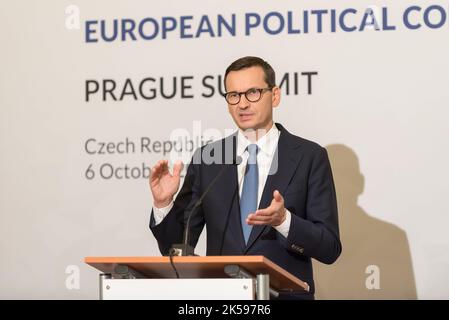 Prague, Czech Republic. 06th Oct, 2022. Poland's prime minister Mateusz Morawiecki speaks to the media at a press conference after the European Political Community summit in Prague. This is the first-ever meeting of a wider format of member states of the European Union and other European countries across the continent. (Photo by Tomas Tkacik/SOPA Images/Sipa USA) Credit: Sipa USA/Alamy Live News Stock Photo