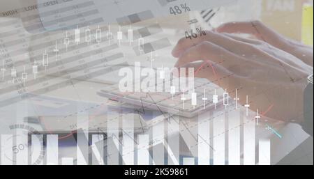 Composite of infographic interface over cropped hands of businessperson typing on keyboard Stock Photo