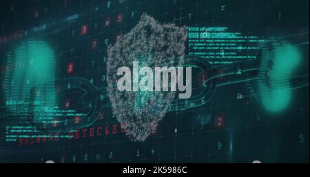 Digitally generated image of lock with shield, blockchain, numbers, letters and database Stock Photo