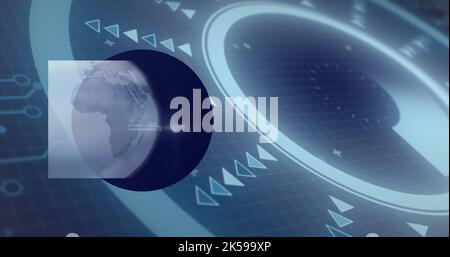 Image of globe over data processing with scope scanning on black background Stock Photo