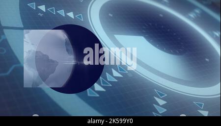 Image of globe over data processing with scope scanning on black background Stock Photo