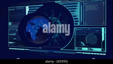 Image of globe over data processing with virus cell on black background Stock Photo