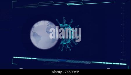 Image of globe over data processing with virus cell on black background Stock Photo