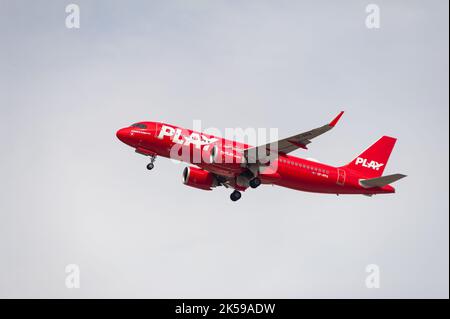 17.07.2022, Germany, Berlin - A Play Airlines Airbus A320 Neo passenger aircraft with registration TF-PPA on takeoff from Berlin Brandenburg BER Airpo Stock Photo