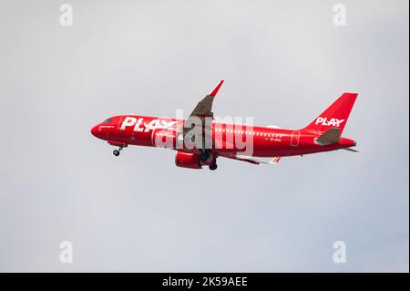 17.07.2022, Germany, Berlin - An Airbus A320 Neo passenger aircraft of Play Airlines with registration TF-PPA taking off from Berlin Brandenburg BER A Stock Photo