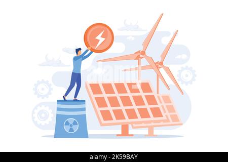 Atomic reactor, windmill and solar battery, energy production. Nuclear power plant, atom fission process vector illustration Stock Vector