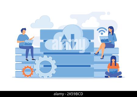 Users with laptops working with database. Data storage and organization, information access and management vector illustation Stock Vector