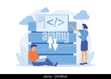 Two developers working with big data technology. Big data management and storage, database analytics and design vector illustation Stock Vector