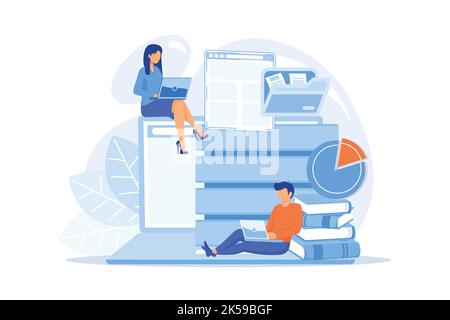 Users working on laptops with data entry. Big data services and technology, information entry equipment vector illustration Stock Vector