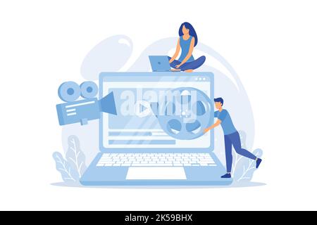 Marketing strategist with laptop working with video content. Video content marketing vector illustration Stock Vector