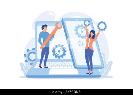 Service technicians with big wrench repairing smartphone screen with gears. Smartphone repair, cell phone service vector illustration Stock Vector