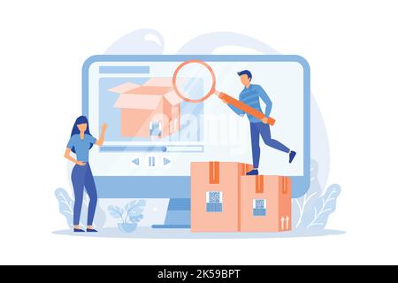 Bloggers with magnifier looking inside the box with new purchase video. Unboxing video, product review video vector illustration Stock Vector