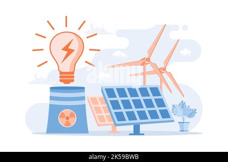 Eco friendly electricity. Wind farm, solar batteries, nuclear power plant. Sustainable energy resources vector illustration Stock Vector