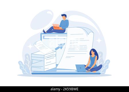Specialists work with laptop digital data, tiny people. Digital transformation, digital solution development vector illustration Stock Vector