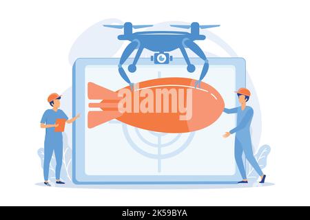 Soldiers and military drone armed with missile to attack enemy. Military drone, drones defense use vector illustration Stock Vector