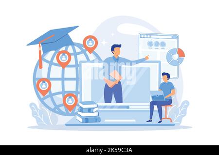 Distance university students flat characters watching tutorial video. Global online education, e-learning tools vector illustration Stock Vector