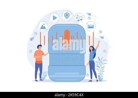 Users buying smart speaker applications online. Smart assistant applications online store vector illustation Stock Vector