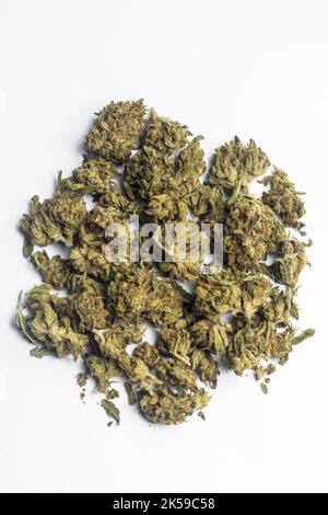 thai medicinal marijuana cannabis flowers on white background in thailand Stock Photo
