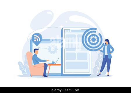 Developer working on web app on smartphone, user offline, tiny people. Progressive web app, working offline web vector illustration Stock Vector