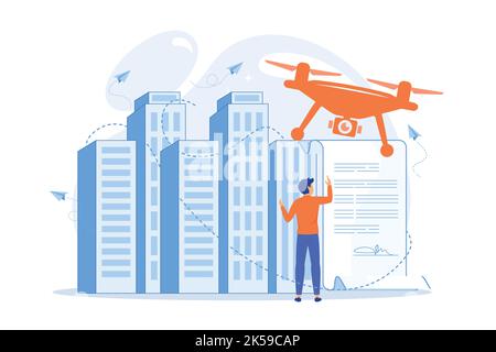 Businessman with drone reading document with regulations. Drone flying regulations, drone use limitations vector illustration Stock Vector