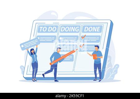 Tiny business people and manager at tasks and goals accomplishment chart. Task management, project managers tool vector illustration Stock Vector